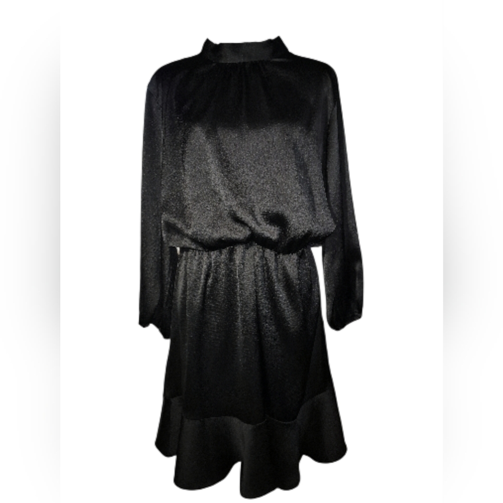 BTFBM Women's Black Satin Mock Neck Ruffle Hem Mini Dress